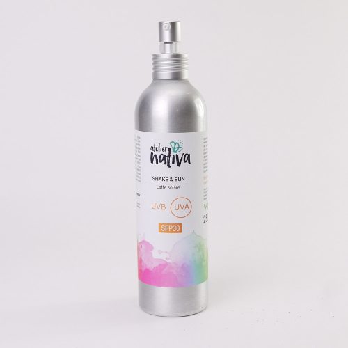 latte solare corpo Atelier Nativa SPF30 con solo filtri fisici e senza conservanti; con olio di carota, di mallo di noce e di calendula per un'abbronzatura omogenea e duratura