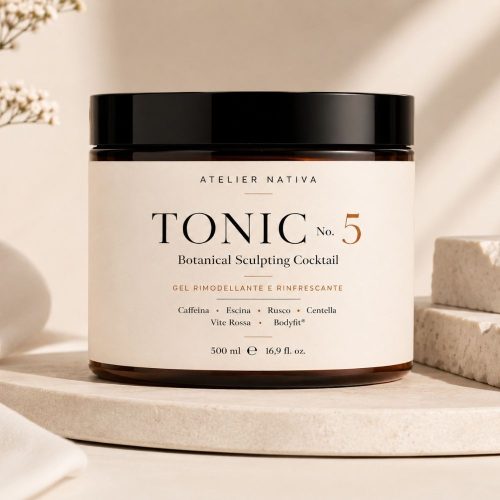 Gel gambe rinfrescante e rimodellante naturale Tonic No. 5 Atelier Nativa con caffeina, centella, escina e mentolo.
