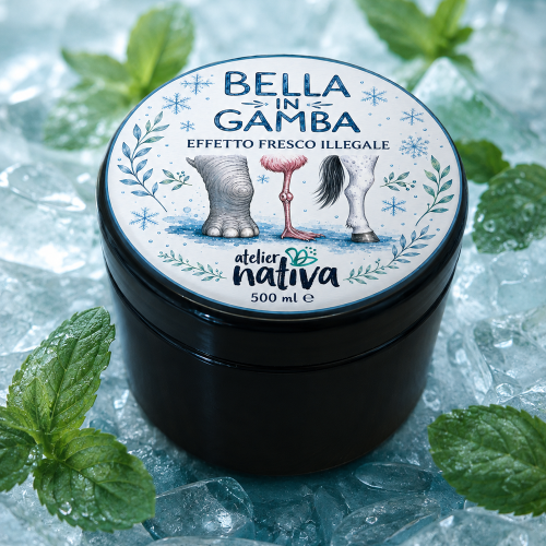 Bella in Gamba gel gambe rinfrescante Atelier Nativa, trattamento effetto freddo per gambe pesanti e affaticate con menta e sensazione ghiaccio.