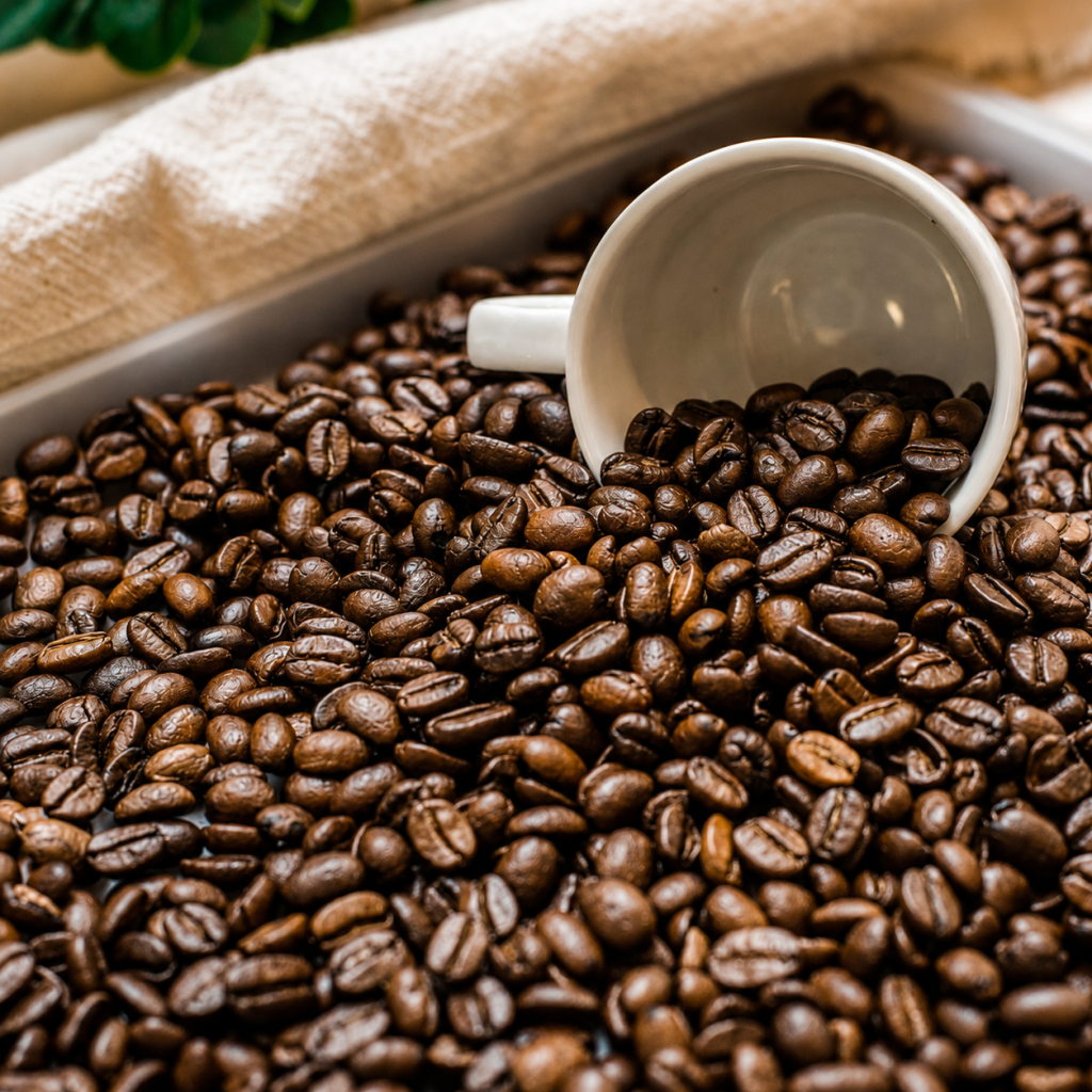 Chicchi di caffè tostato con tazza bianca tra i chicchi, immagine rappresentativa della caffeina nei cosmetici corpo per una pelle più tonica, levigata e dall'aspetto uniforme.